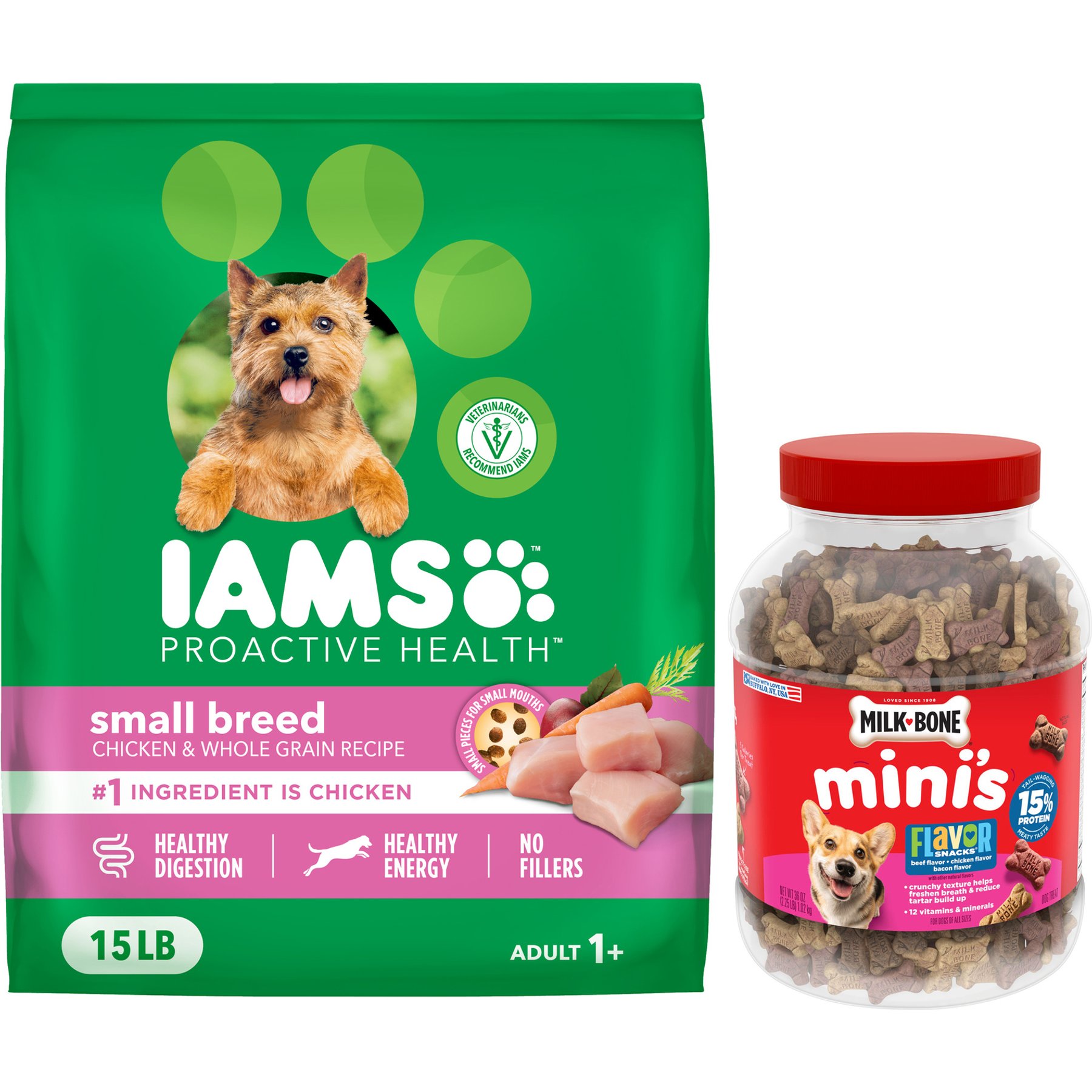 Iams ProActive Health Adult Small Breed Dry Food + Milk-Bone Mini's Flavor Snacks Beef, Chicken & Bacon Flavored Biscuit Dog Treats