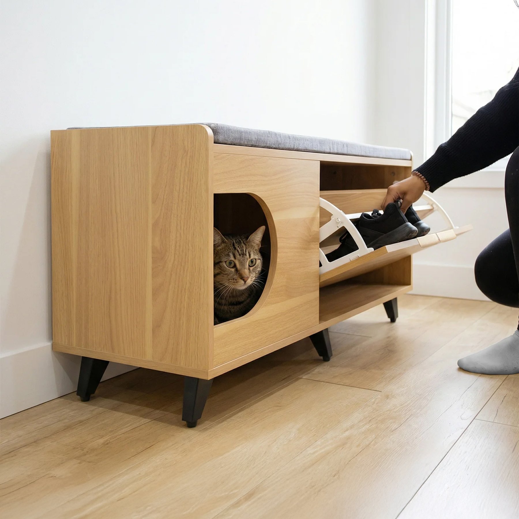 INSTACHEW Tucker Multifunctional Cat Condo with Shoe Cabinet, Oak