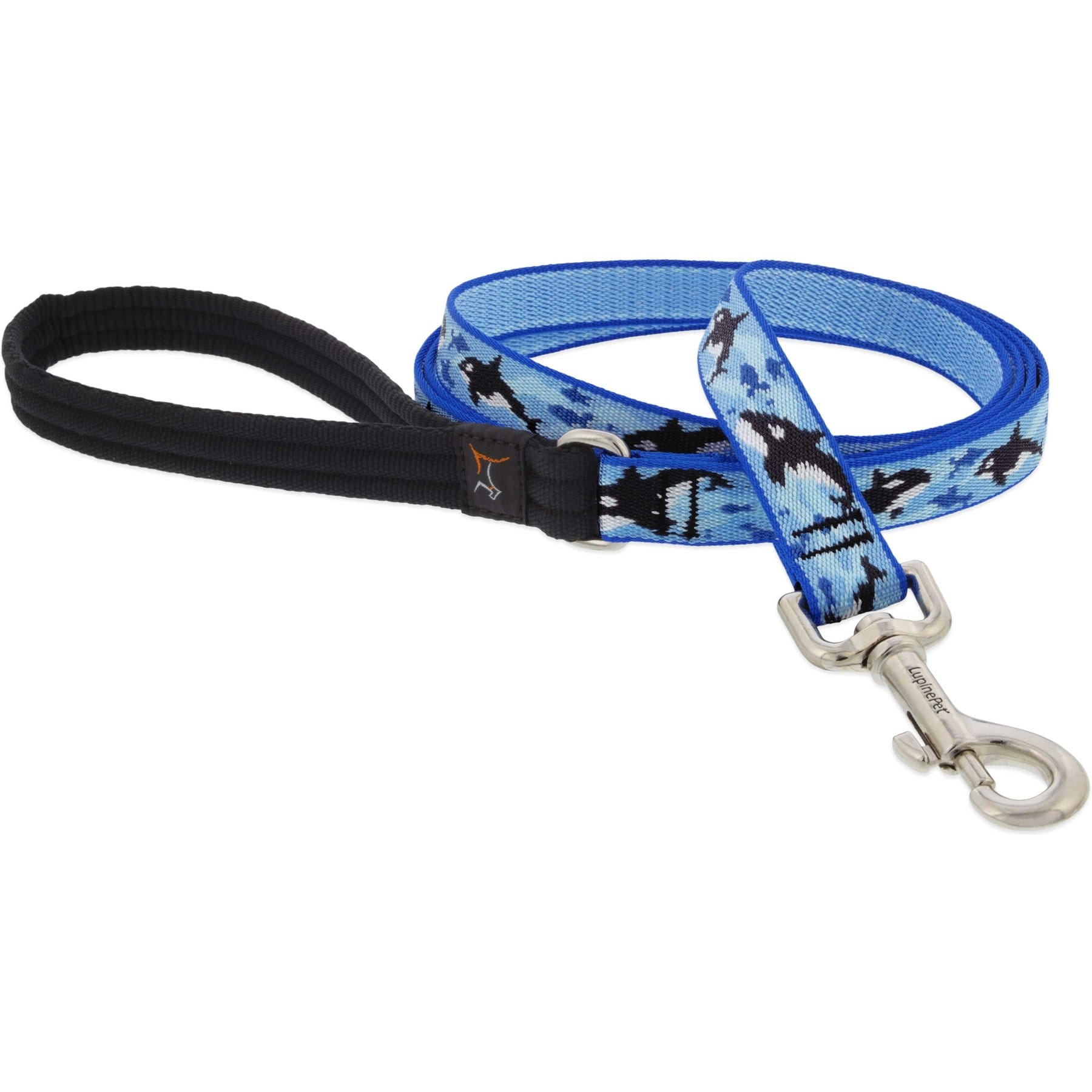 LupinePet MicroBatch Limited Edition Orcas Padded Handle Dog Leash, Regular: 4-ft long, 3/4-in wide