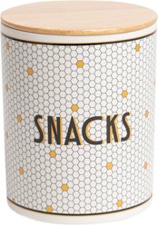 Pearhead Bistro Tile Honeycomb Food Storage Ceramic Dog Treat Jar with Wooden Lid, White, 4-cup