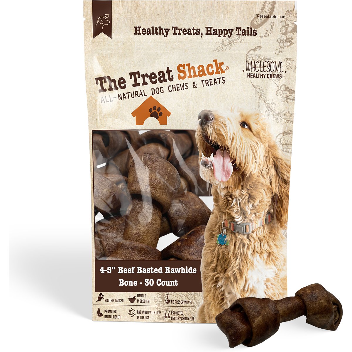 The Treat Shack Knotted 4 to 5-in Beef Flavor Rawhide Bone Dog Treats, 30 count