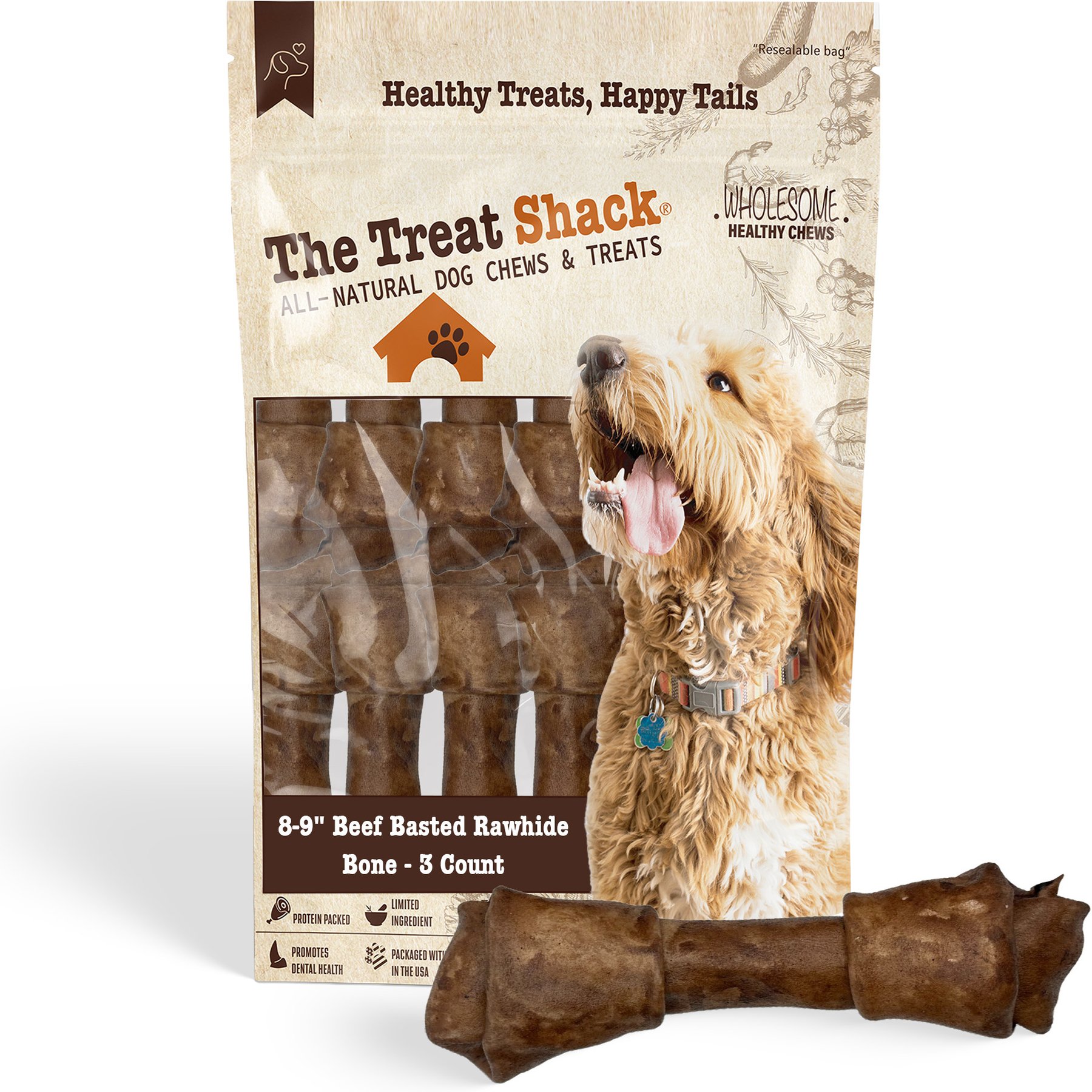 The Treat Shack Knotted 8 to 9-in Beef Flavor Rawhide Bone Dog Treats, 3 count