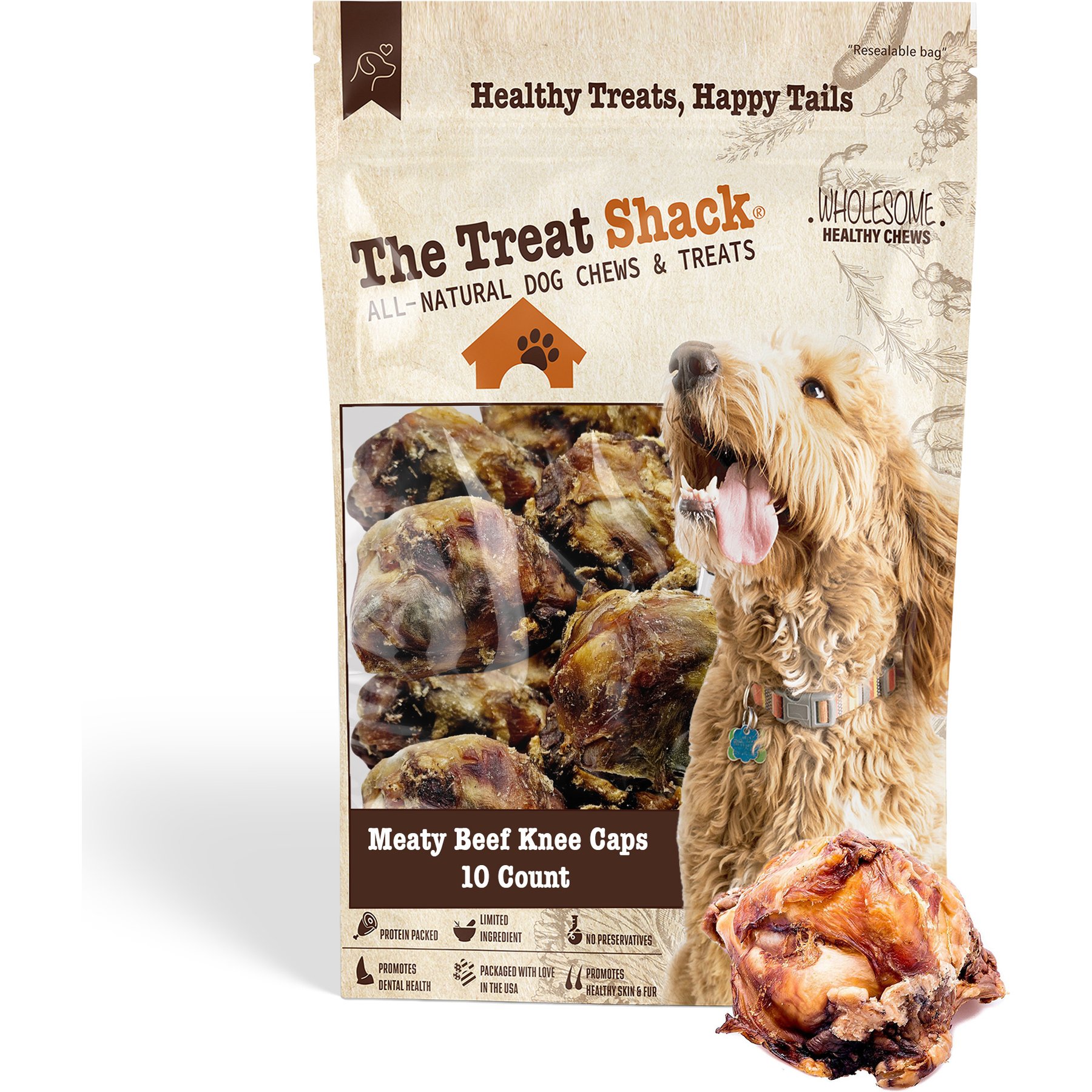 The Treat Shack Meaty Beef Knee Cap Bone Natural Dog Chew Treats, 10 count