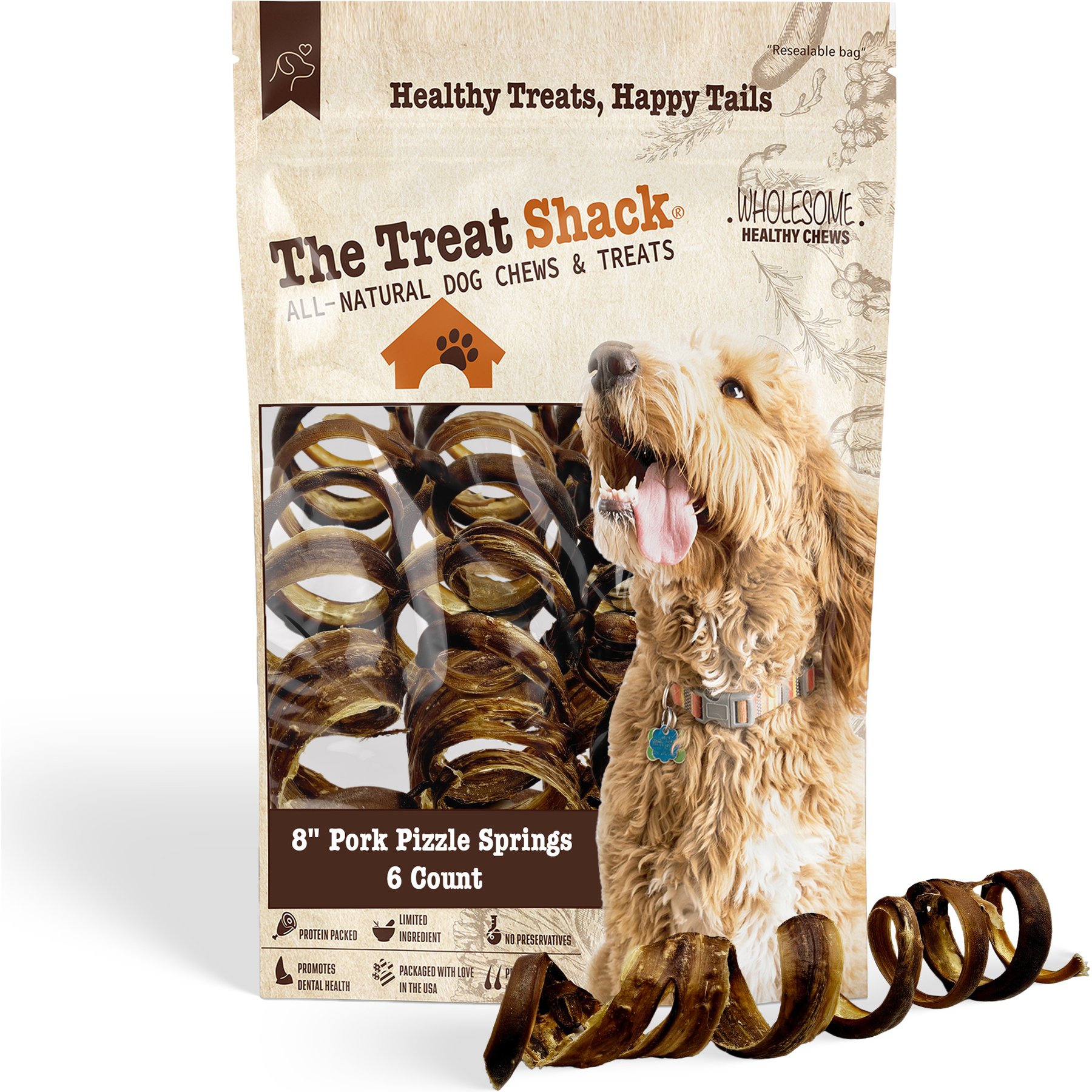 The Treat Shack 8-in Pork Pizzle Springs Natural Dog Chew Treats, 6 count