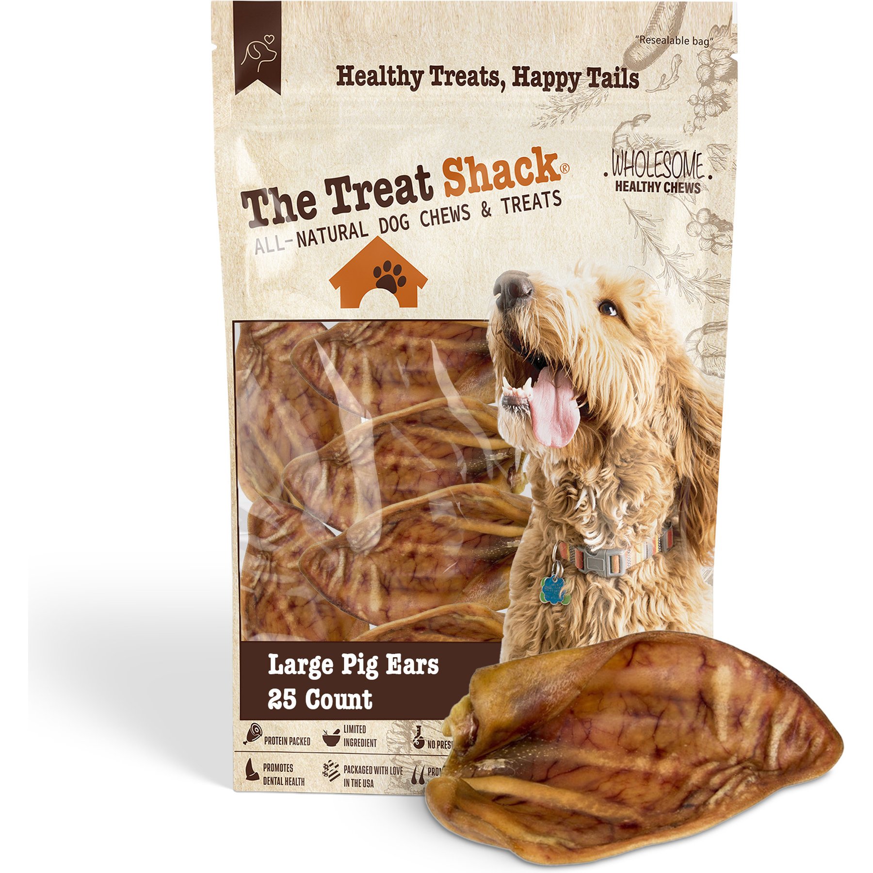 The Treat Shack Jumbo Whole Natural Pig Ears Dog Treat, 25 count