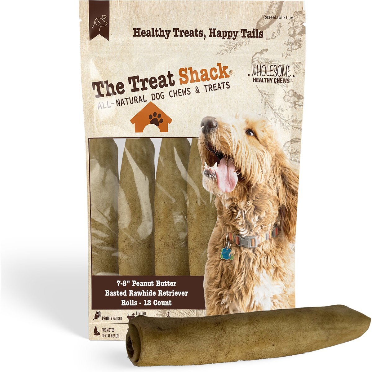 The Treat Shack Retriever Rolls 7 to 8-in Peanut Butter Flavor Rawhide Dog Chew Treats, 12 count