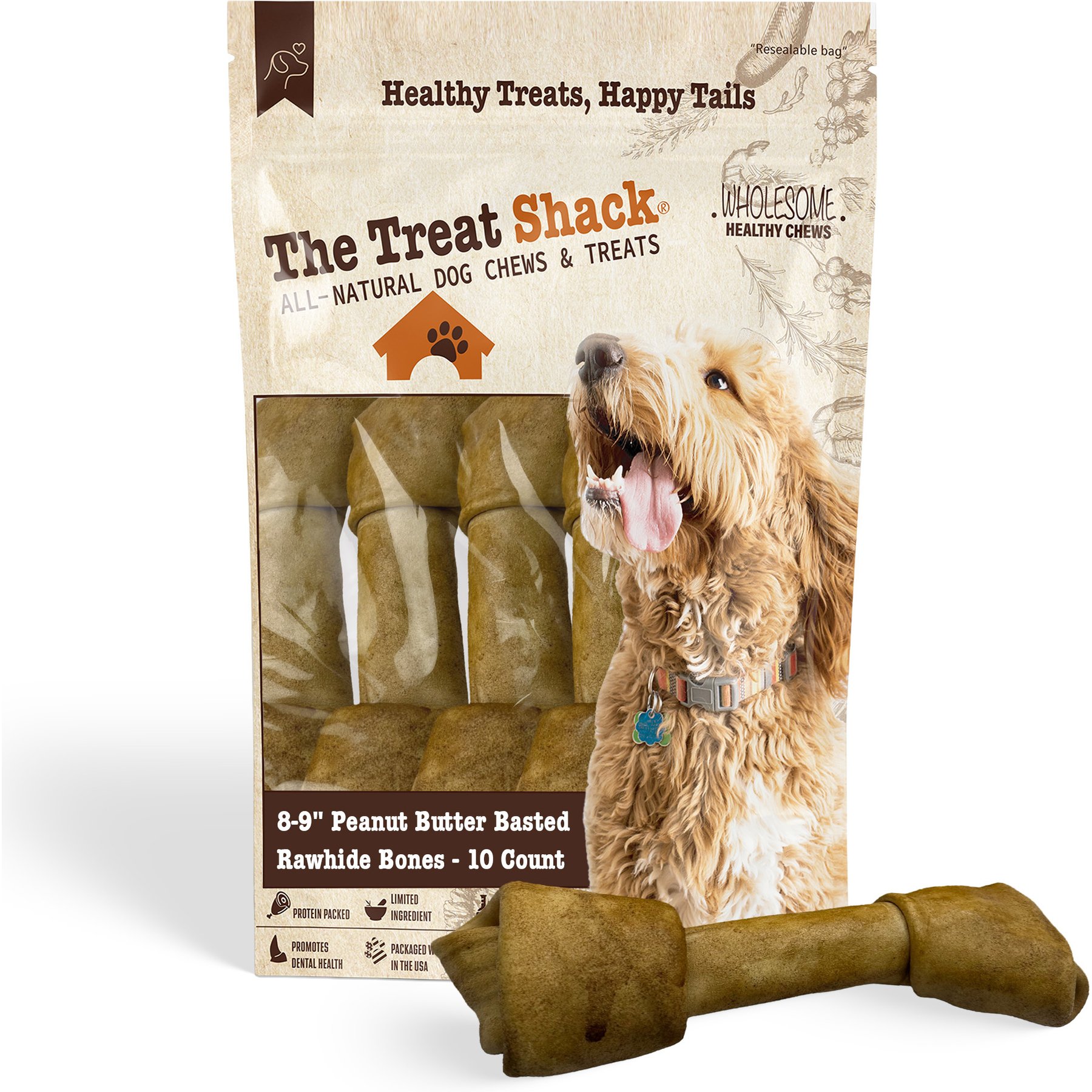 The Treat Shack Knotted 8 to 9-in Peanut Butter Flavor Rawhide Bone Dog Treats, 10 count