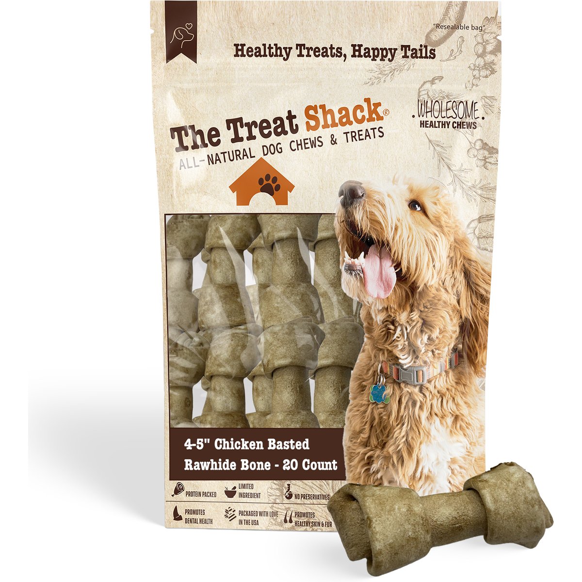 The Treat Shack Knotted 4 to 5-in Chicken Flavor Rawhide Bone Dog Treats, 20 count