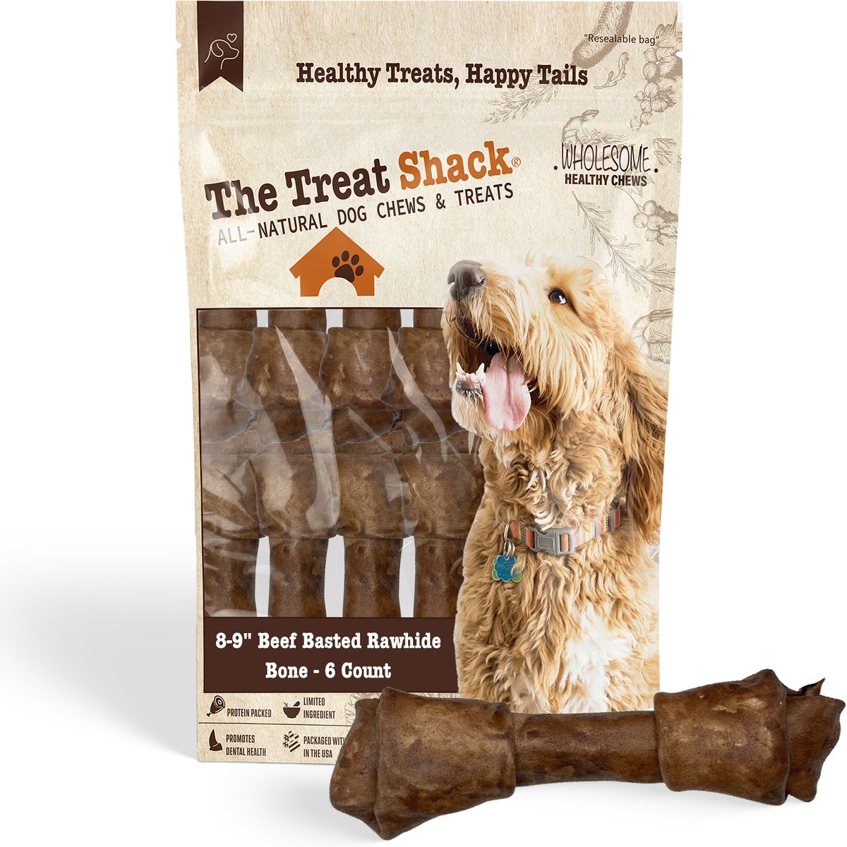 The Treat Shack Knotted 8 to 9-in Beef Flavor Rawhide Bone Dog Treats, 6 count