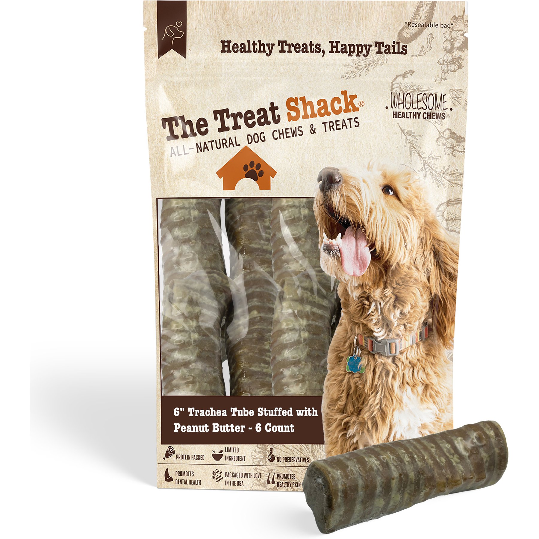 The Treat Shack 6-in Double Stuffed Trachea Tube with Peanut Butter Dog Chew Treat, 6 count