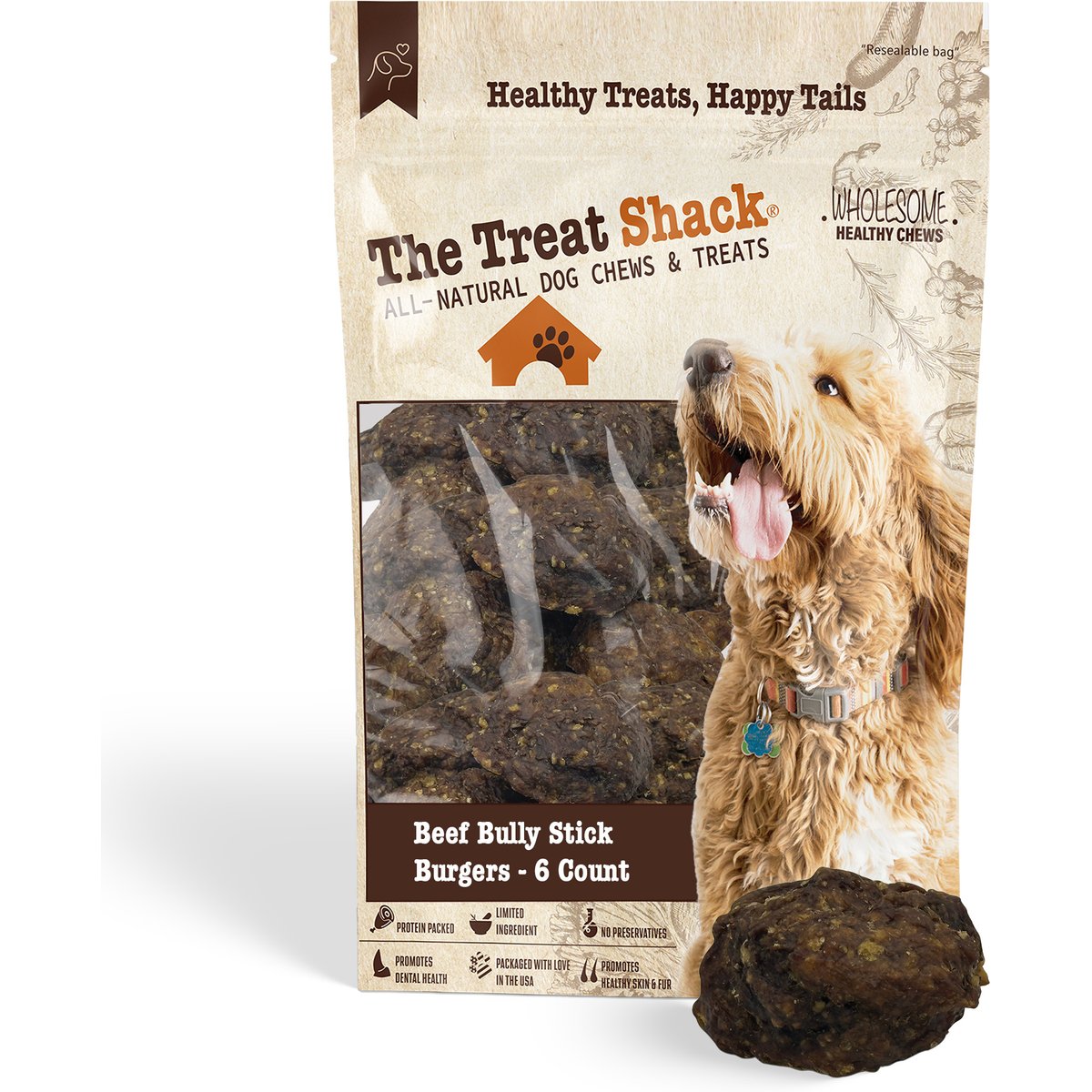 The Treat Shack Bully Stick Burger Soft & Chewy Beef Dog Chew Treat, 6 count