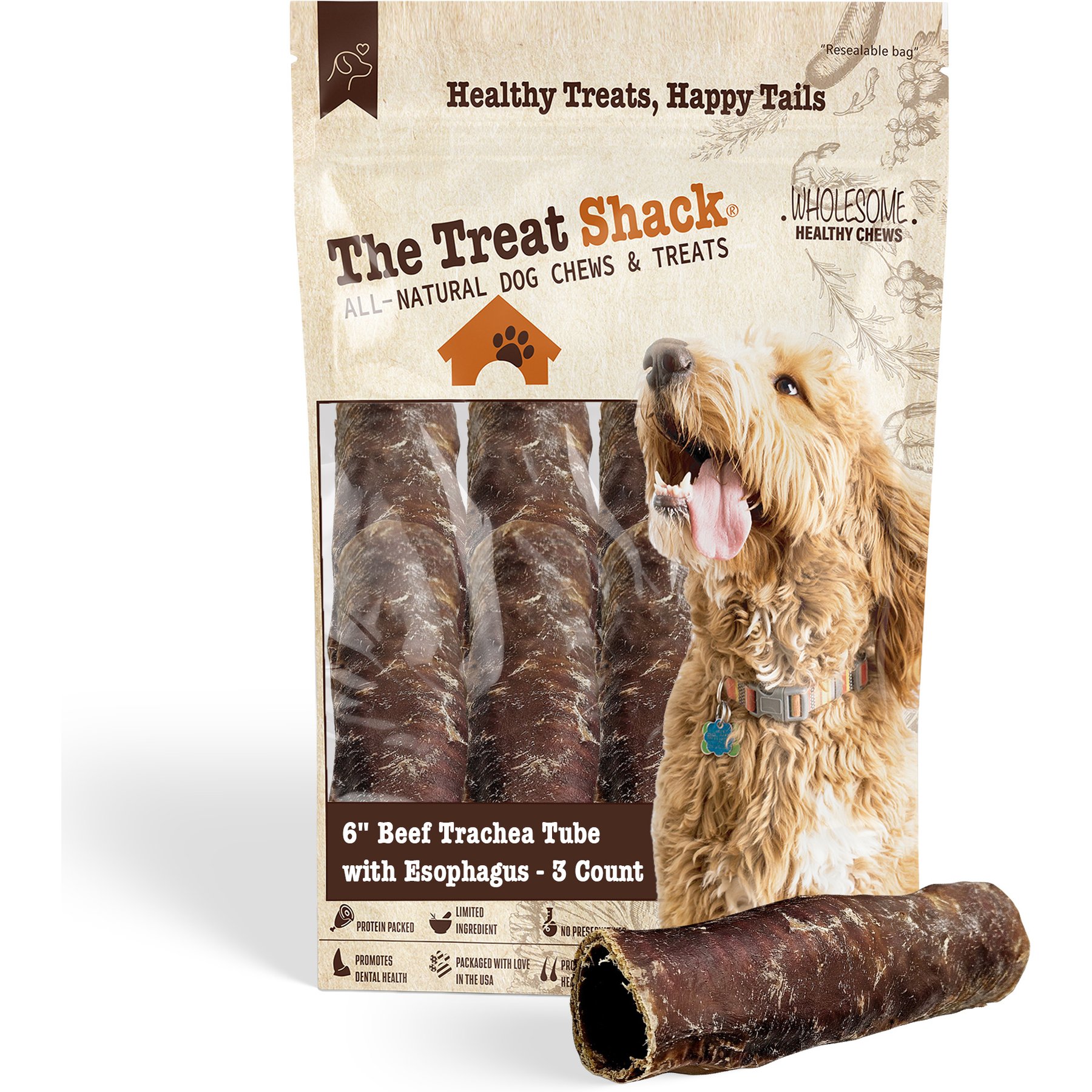 The Treat Shack 6-in Whole Beef Trachea Tube Wrapped with Gullet Crunchy Duo Natural Dog Chew Treats, 3 count