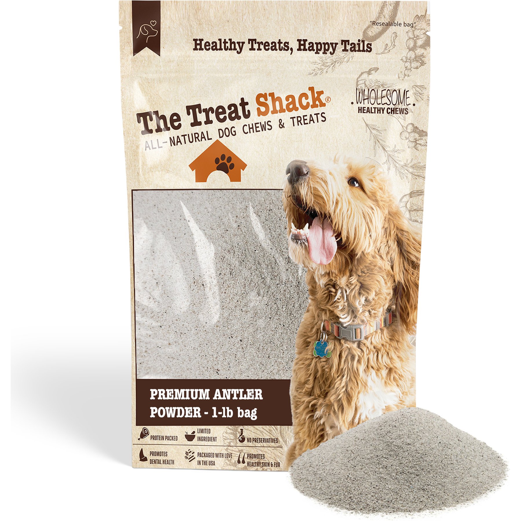 The Treat Shack Premium Refined Dust Deer & Elk Antler Dog Food Topper Treats, 1-lb bag