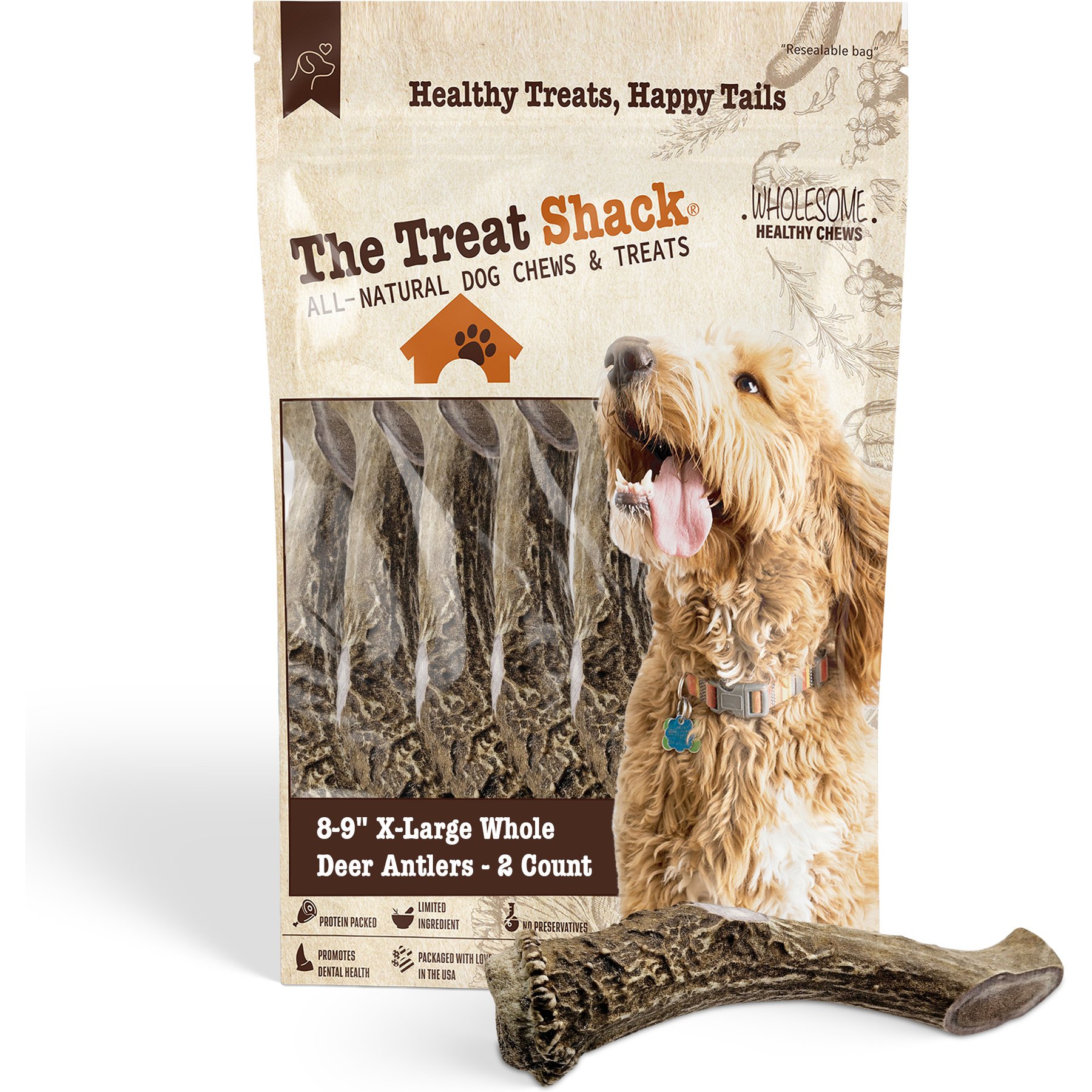 The Treat Shack Whole Naturally Shed 8-in Deer Antler Dog Treats, X-Large, 2 count
