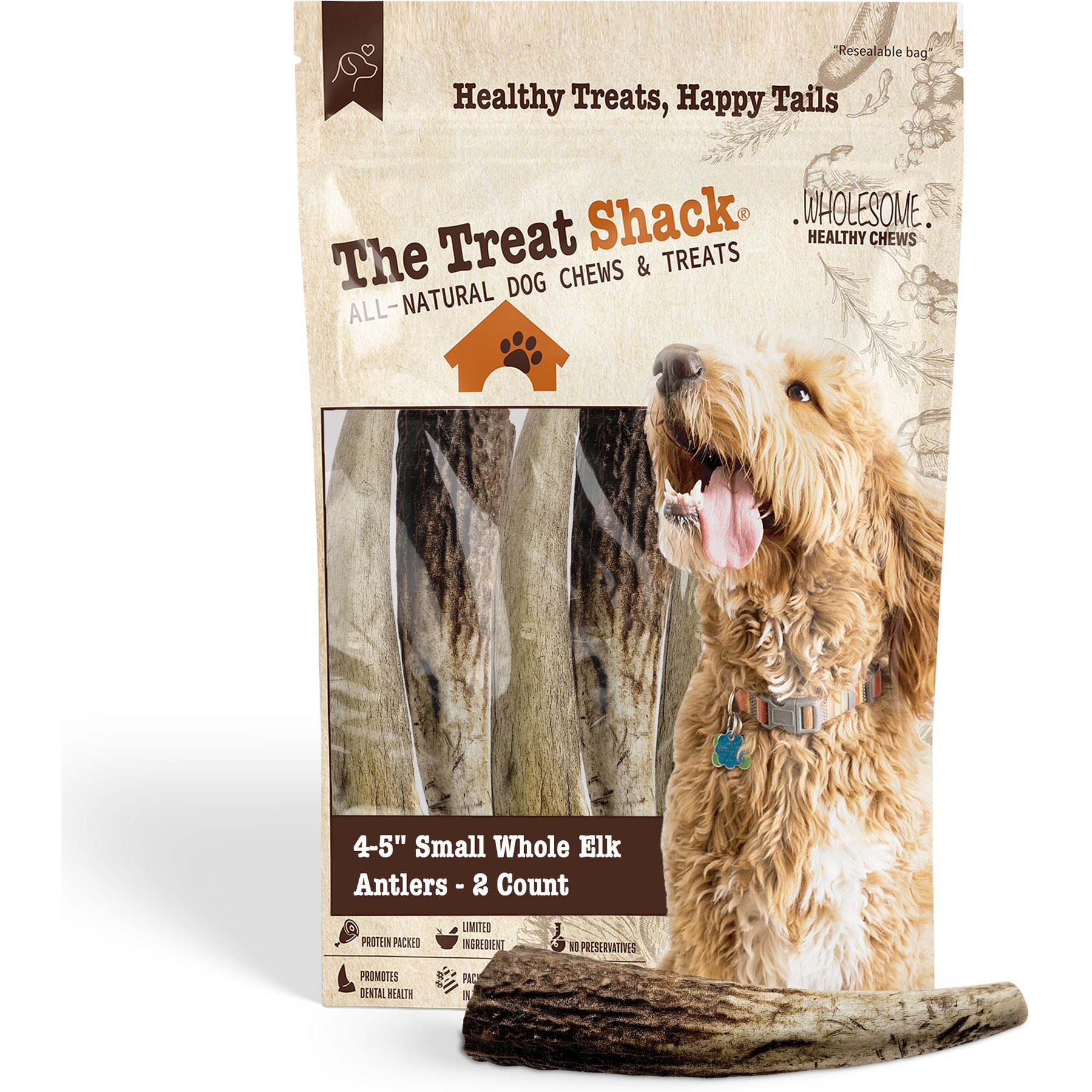 The Treat Shack Whole Naturally Shed 4 to 5-in Elk Antler Dog Treats, Small, 2 count