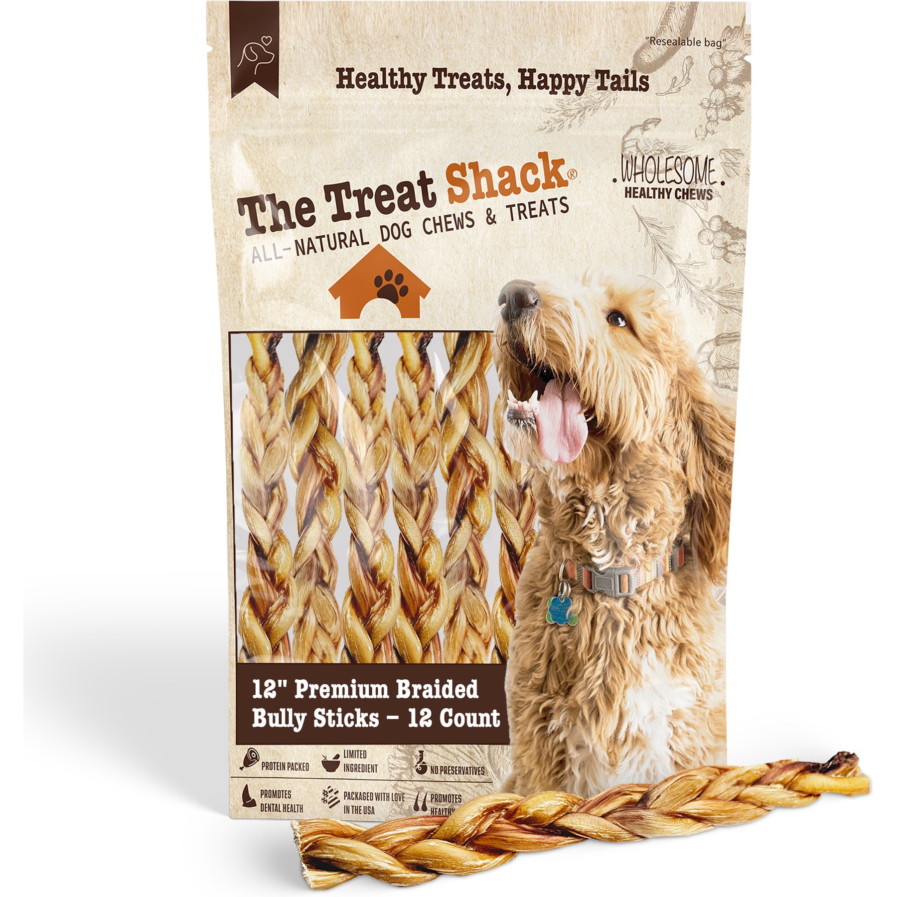 The Treat Shack 12-in Braided Bully Sticks Dog Treats, 12 count