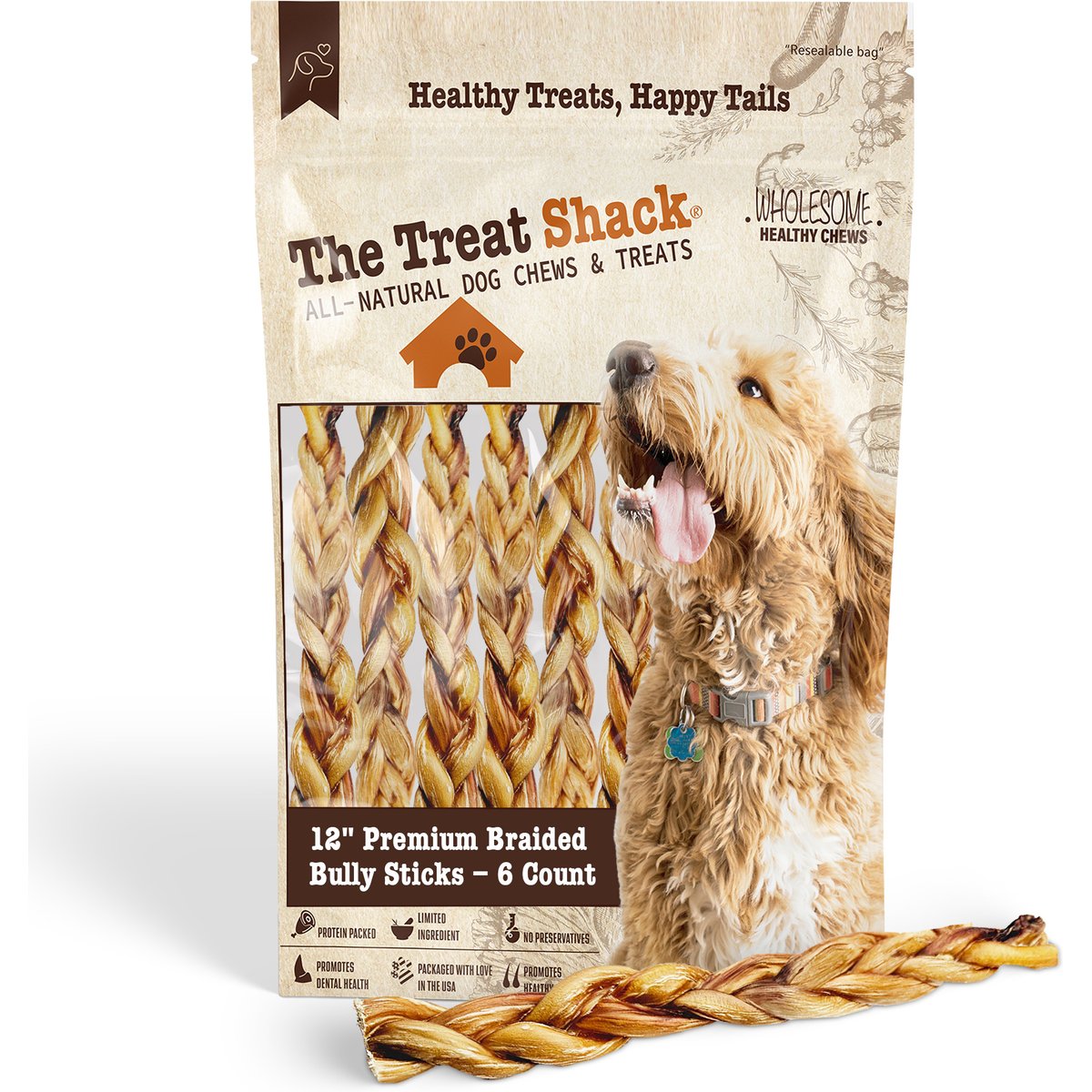 The Treat Shack 12-in Braided Bully Sticks Dog Treats, 6 count