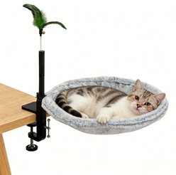 DOPZER Desk Mounted Elevated Cat Hammock Bed with Feather Teaser Toy & Removable Cover, 16 x 16 x 5-in