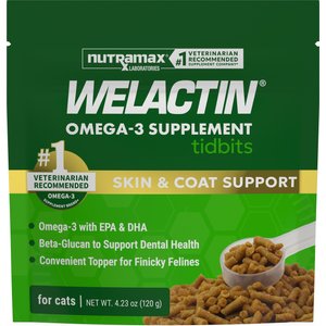 Nutramax Welactin Tidbits Dental, Skin & Coat Health with Omega 3 Fish Oil Supplement for Cats, 4.23-oz