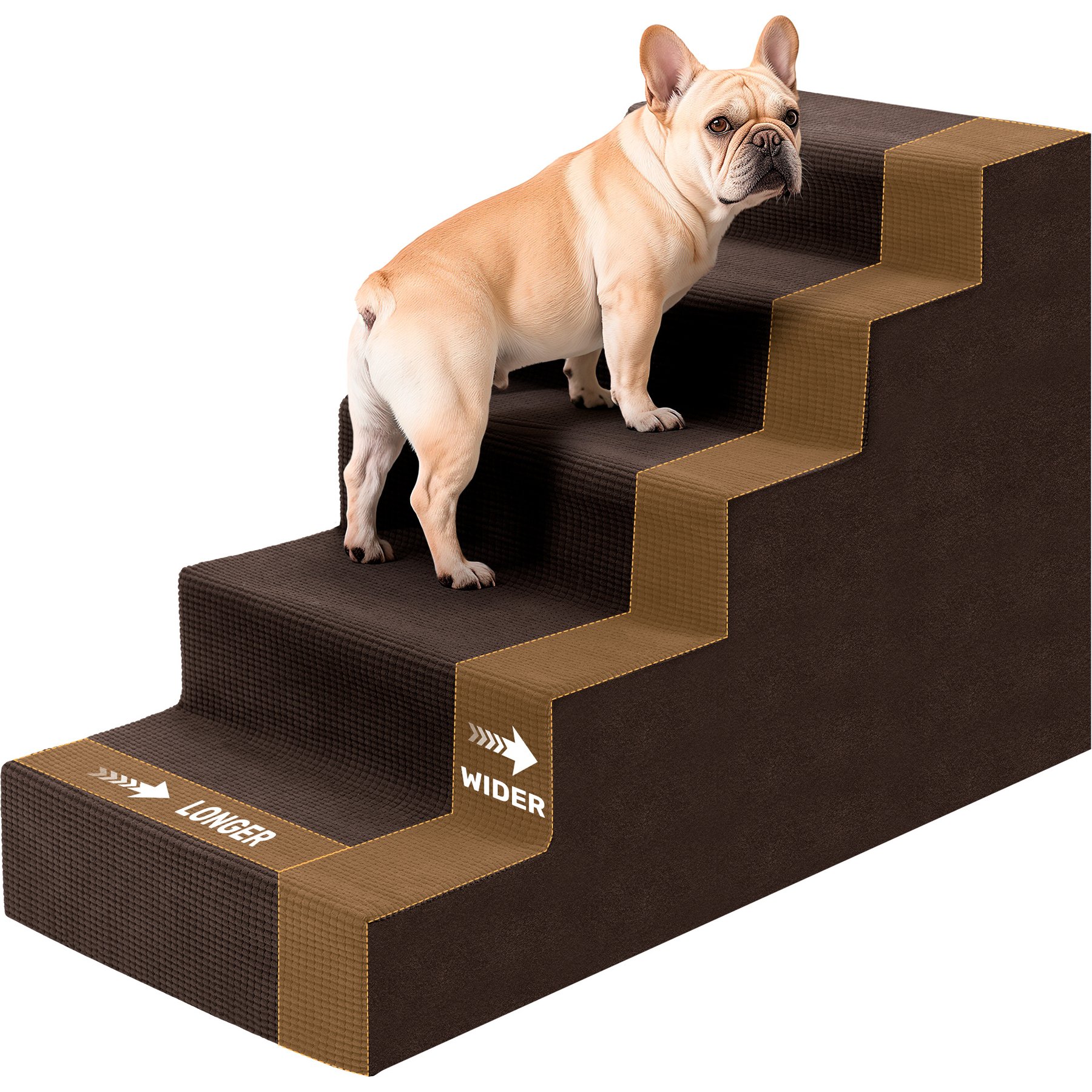Niubya High Bed & Couch Dog Stairs for Small Dogs with Non-Slip & Removable Washable Cover, 5 step, Brown