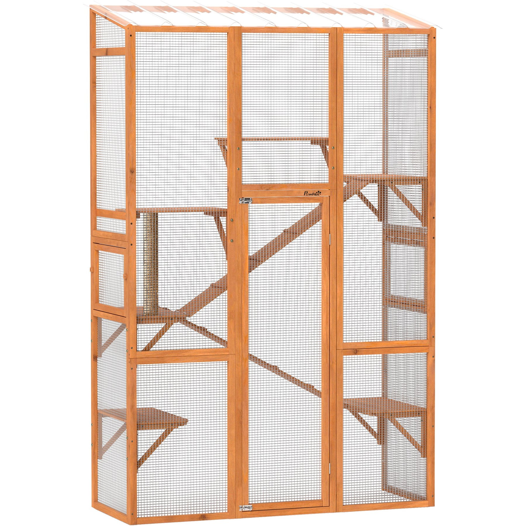 PawHut Outdoor Enclosure Catio 63.8-in Large Wooden House with Jumping Platforms, Scratching Post, Ramps, Waterproof Roof Cat Condo, Orange