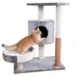 DOPZER Enclosed Multi-Level Indoor Sisal Scratching Tree Tower for Small to Medium Cats with Plush Bed, Grey/White, 21.7 x 19.7 x 11.8-in
