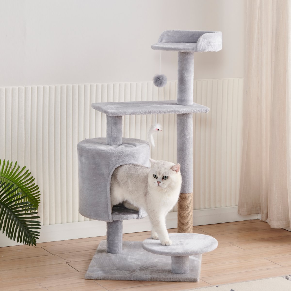 DOPZER Multi-Level Compact Plush Perch Scratching Post Cat Tree Tower with Condo, Grey, 35.4 x 19.7 x 11.8-in
