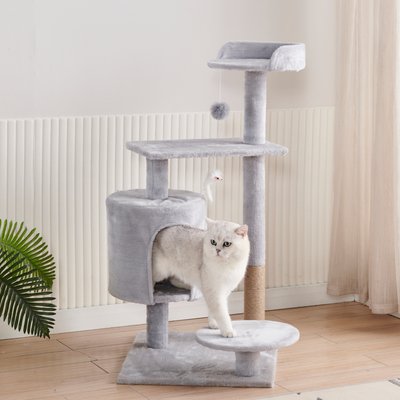 DOPZER DOPZER Multi-Level Compact Plush Perch Scratching Post Cat Tree Tower with Condo, Grey, 35.4 x 19.7 x 11.8-in