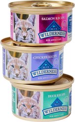 Blue Buffalo Wilderness Pate Variety Pack Duck, Chicken & Salmon Grain-Free Cat Canned Food, 3-oz, case of 12