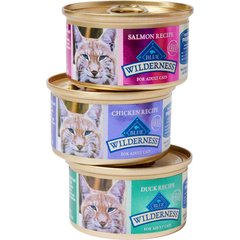 Blue Buffalo Wilderness Pate Variety Pack Duck, Chicken & Salmon Grain-Free Cat Canned Food, 3-oz, case of 12
