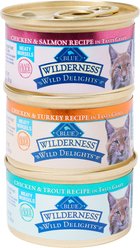 Blue Buffalo Wilderness Wild Delights Variety Pack Adult High Protein Grain-Free Natural Chicken & Turkey, Chicken & Trout, Chicken & Salmon in Tasty Gravy Wet Cat Food, 3-oz can, case of 12