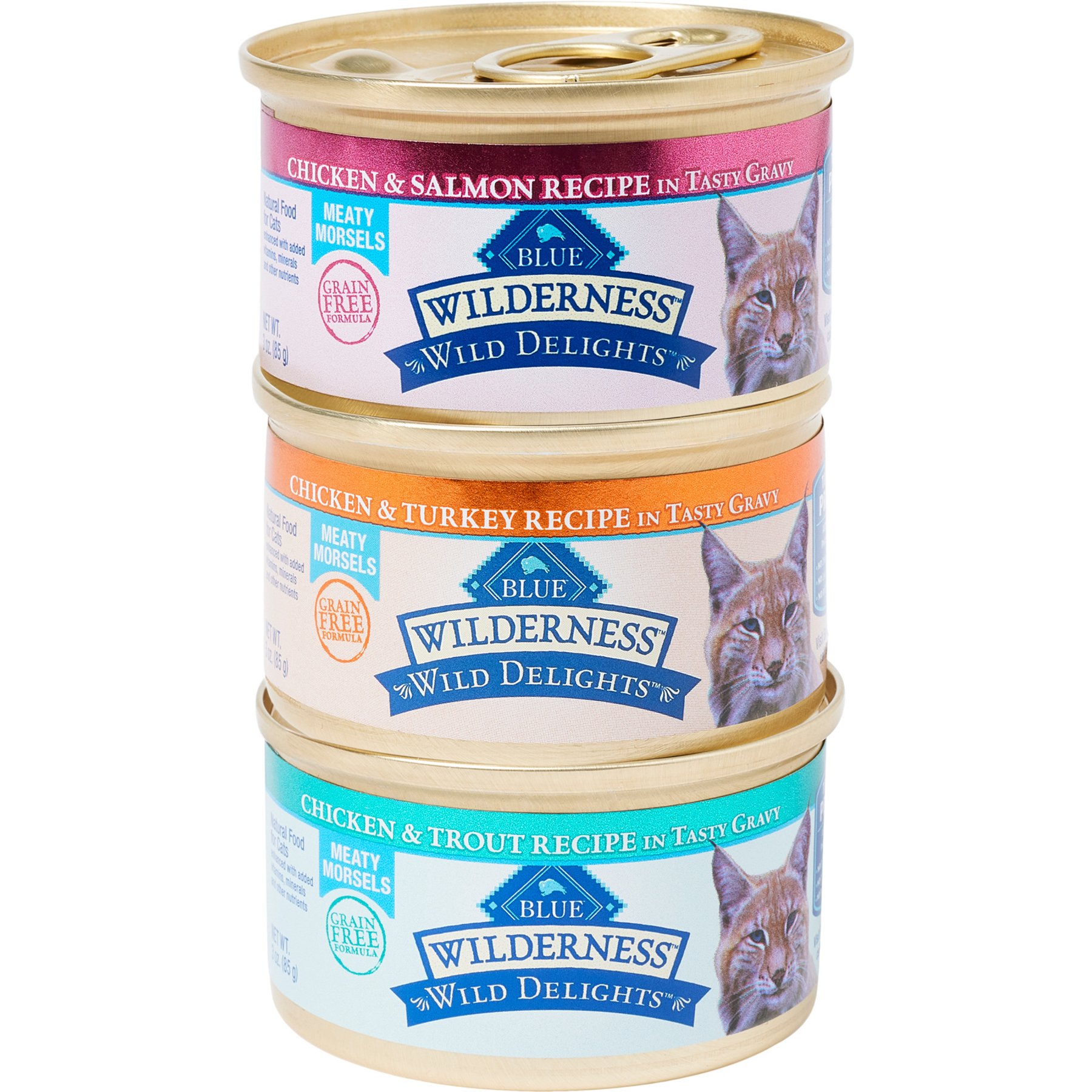 Blue Buffalo Wilderness Wild Delights Variety Pack Adult High Protein Grain-Free Natural Chicken & Turkey, Chicken & Trout, Chicken & Salmon in Tasty Gravy Wet Cat Food, 3-oz can, case of 12
