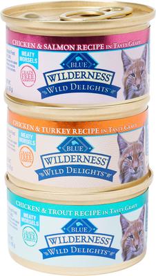 Blue Buffalo Wilderness Wild Delights Variety Pack Adult High Protein Grain-Free Natural Chicken & Turkey, Chicken & Trout, Chicken & Salmon in Tasty Gravy Wet Cat Food, 3-oz can, case of 12