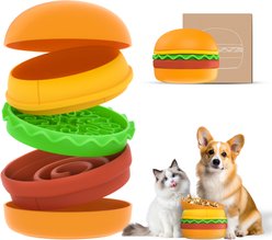Bencmate 5-in-1 Non Slip Removable Tilted Elevated Slow Feeder Lick Mat Dog & Cat Bowl Set, Orange, Medium