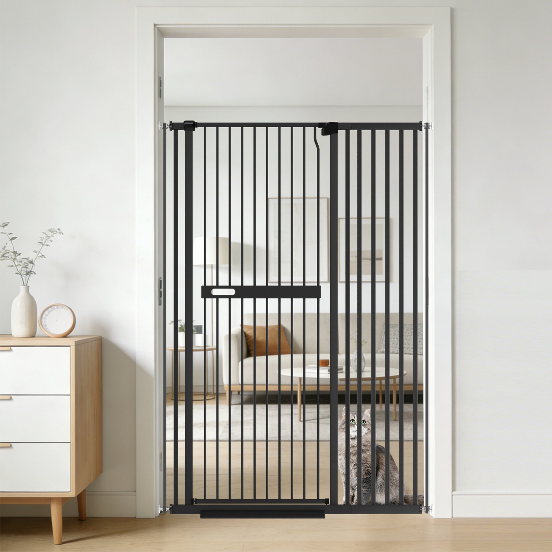 WAOWAO Extra Tall Adjustable Metal Pressure Mounted Dog & Cat Gate, 42-in, Black