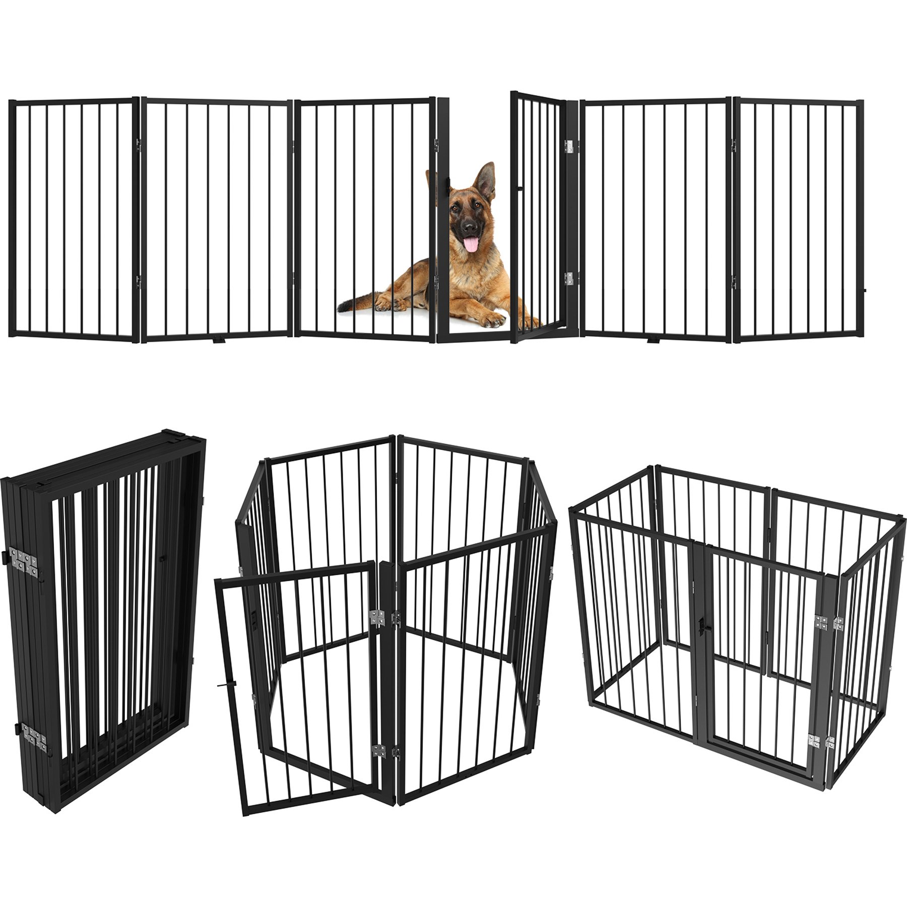 WAOWAO Metal Free Standing Dog Indoor Barrier Gate with Walk-Through Door, 120 x 32-in, 6-panel, Black