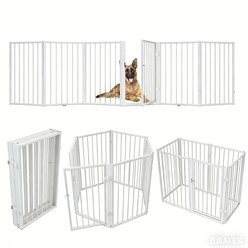 WAOWAO 6-Panel Metal Free Standing Dog Indoor Barrier Gate with Walk-Through Door, 120 x 32-in, White
