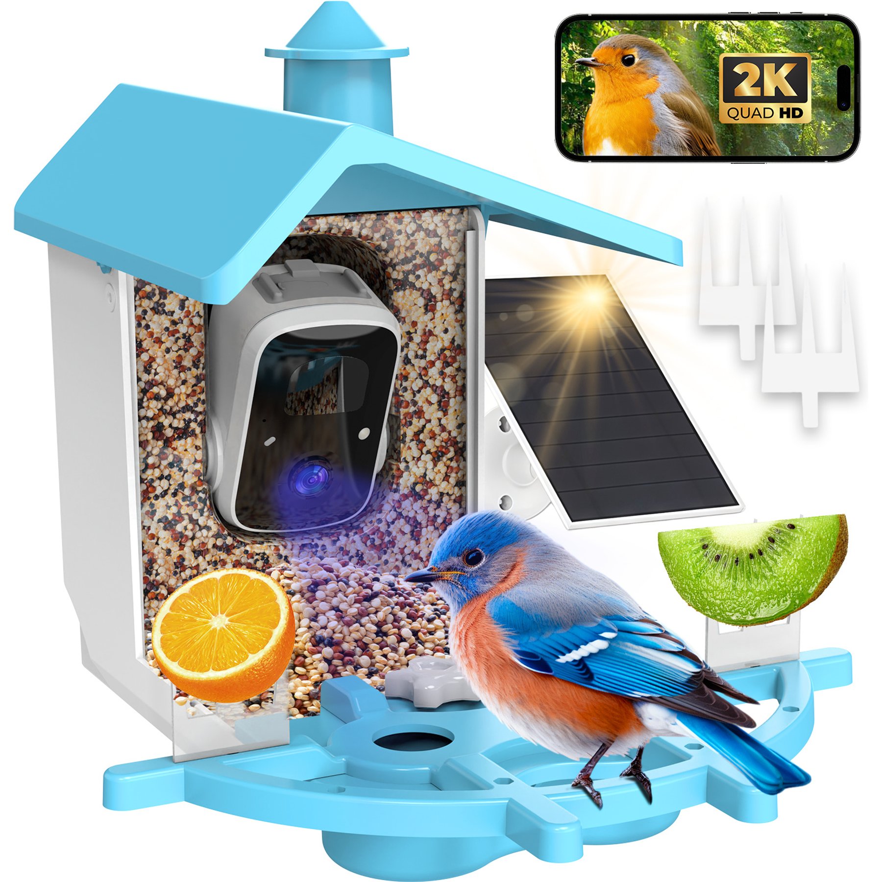 Mutrelenx Solar Powered AI Birds Recognition & Instant Alerts Outdoor Weatherproof Smart Bird Feeder with Camera, Blue