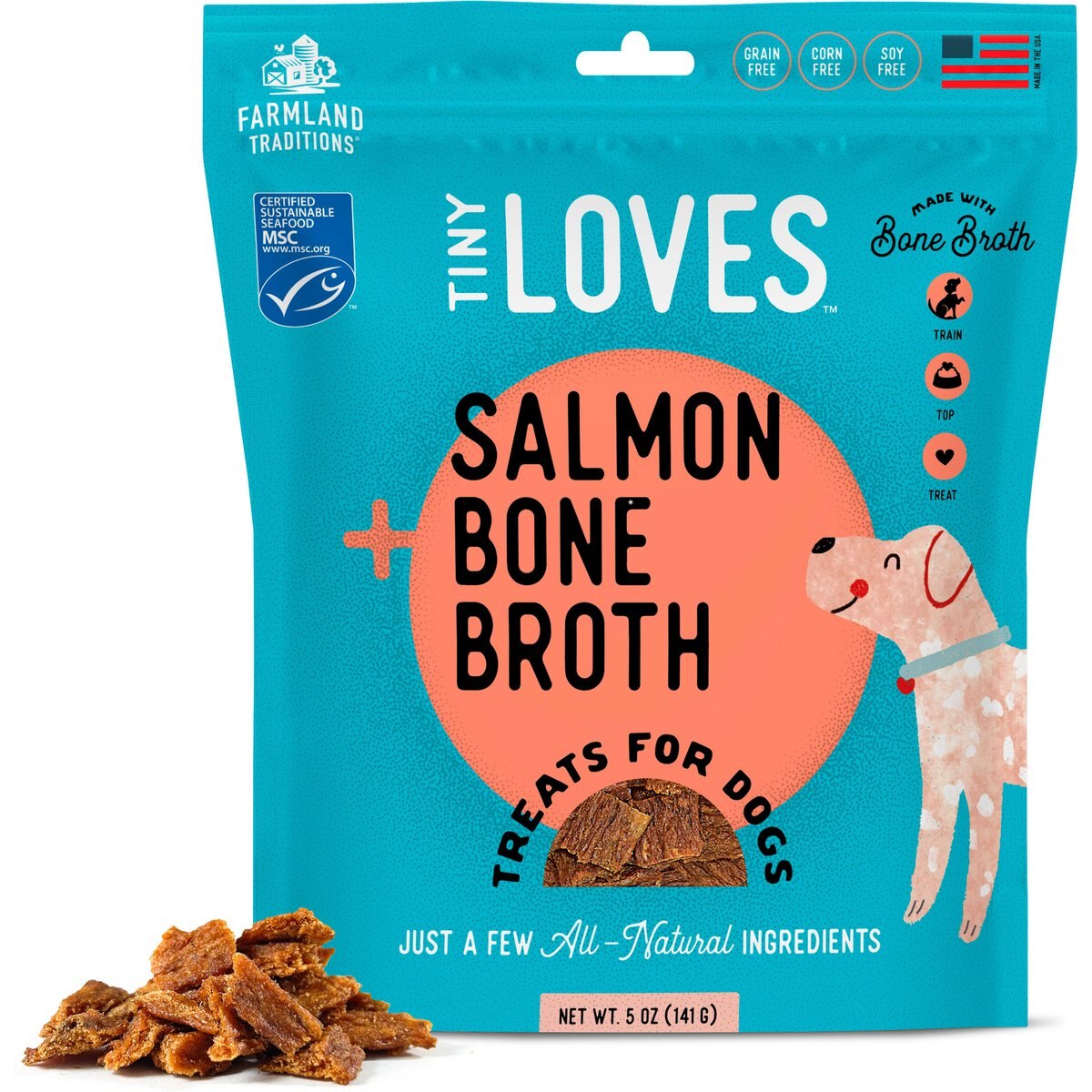 Farmland Traditions Tiny Loves Salmon with Bone Broth Flavored Jerky Dog Trainer Treats, 5-oz pouch