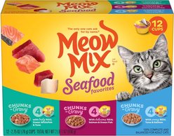 Meow Mix Savory Morsels Seafood Favorites Variety Pack Cat Food, 2.75-oz cup, case of 12