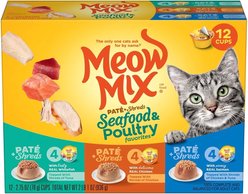 Meow Mix Pate & Shreds Seafood & Poultry Variety Pack Wet Cat Food, 2.75-oz cup, case of 12