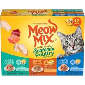 Meow Mix Pate & Shreds Seafood & Poultry Variety Pack Wet Cat Food, 2.75-oz cup, case of 12