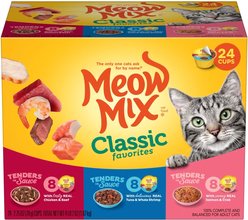 Meow Mix Classic Favorites Tenders in Sauce Variety Pack Wet Cat Food, 2.75-oz cup, case of 24