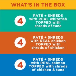 Meow Mix Pate & Shreds Seafood & Poultry Variety Pack Wet Cat Food, 2.75-oz cup, case of 12 slide 2 of 6