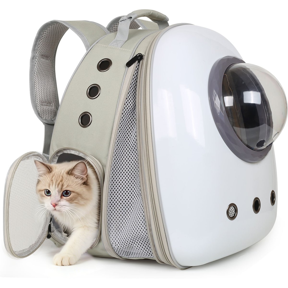 Halinfer Hardshell Bubble Window Dog Carrier Backpack for Puppies & Cats with Front Extension, Large, Grey & White