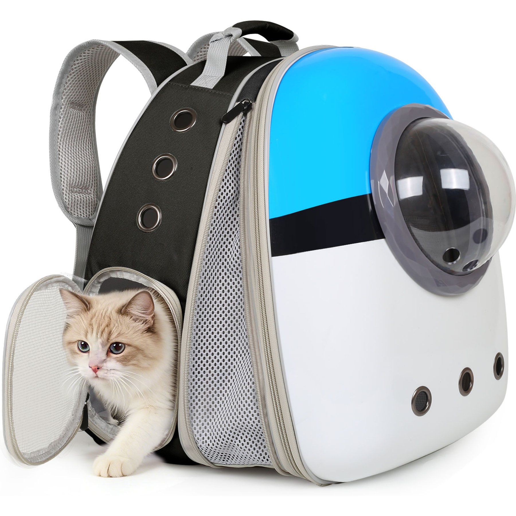 Halinfer Hardshell Bubble Window Dog Carrier Backpack for Puppies & Cats with Front Extension, Large, Black & Blue