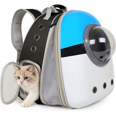 Halinfer Halinfer Hardshell Bubble Window Dog Carrier Backpack for Puppies & Cats with Front Extension, Large, Black & Blue