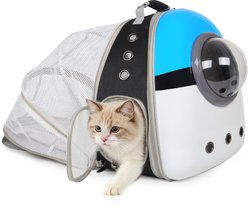 Halinfer Hardshell Bubble Window Dog Carrier Backpack for Puppies & Cats with Back Tent Extension, Medium, Black & Blue