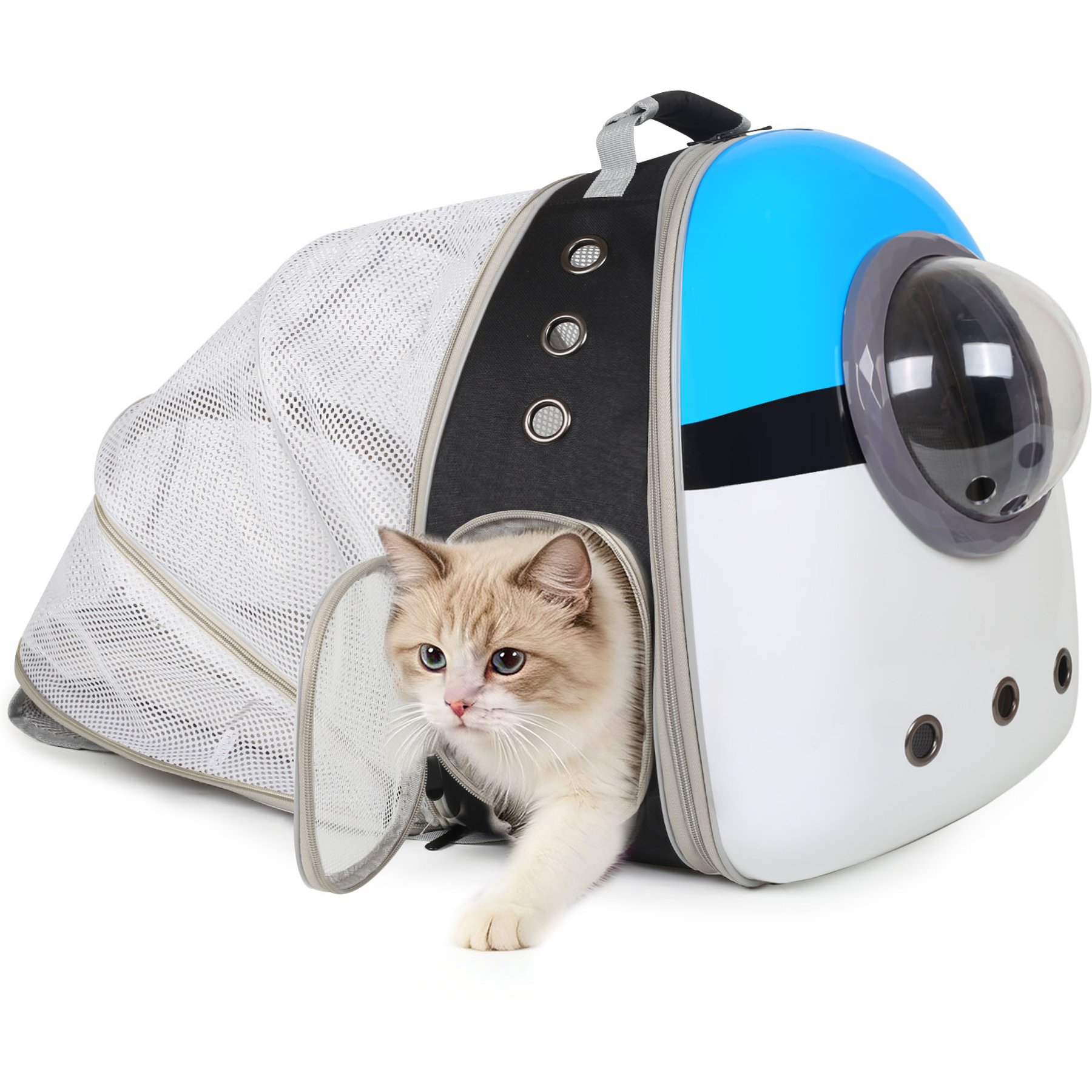 Halinfer Hardshell Bubble Window Dog Carrier Backpack for Puppies & Cats with Back Tent Extension, Medium, Black & Blue