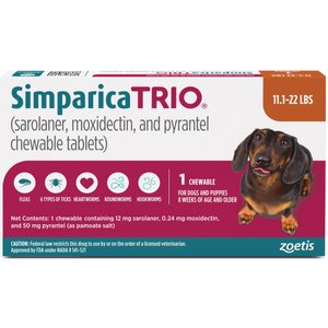 Simparica Trio Chewable Tablet for Dogs, 11.1-22.0 lbs, (Caramel Box), 1 Chewable Tablet (1-mo. supply)